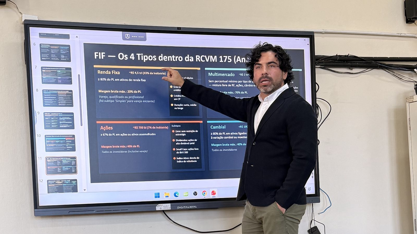 Bruno dando aula sobre tipos de fundos de investimento